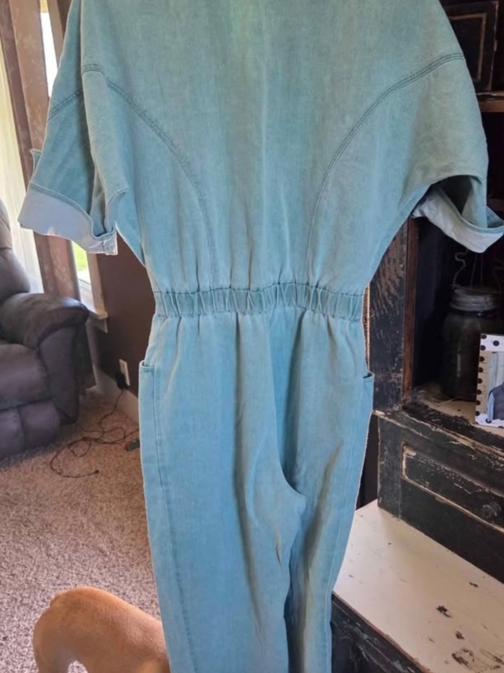 Light Teal Denim Jumpsuit - Button Front - Picture 2 of 2
